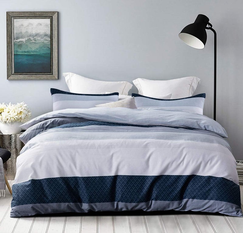 SLEEPBELLA Comforter King Size, 600 Thread Count Cotton White and Navy Striped Patchwork Reversible Pattern Reversible Blue Comforter Set,Down Alternative Bedding Set 3Pcs (King, Blue Patchwork) - Image 1